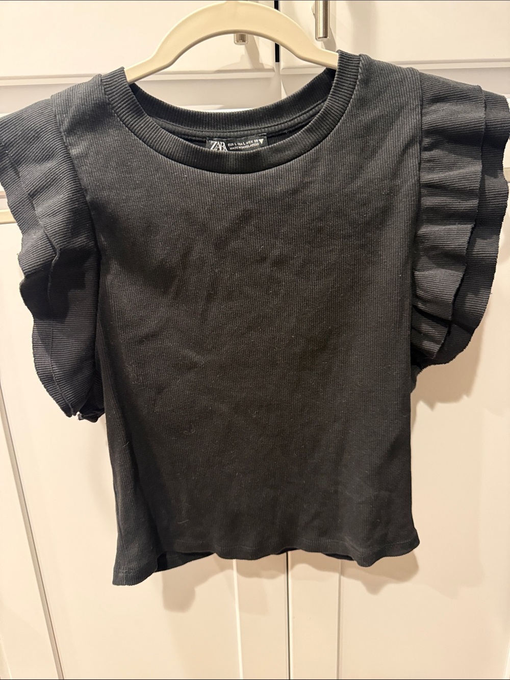 Zara Black Short Sleeve Tee with Ruffle Shoulders